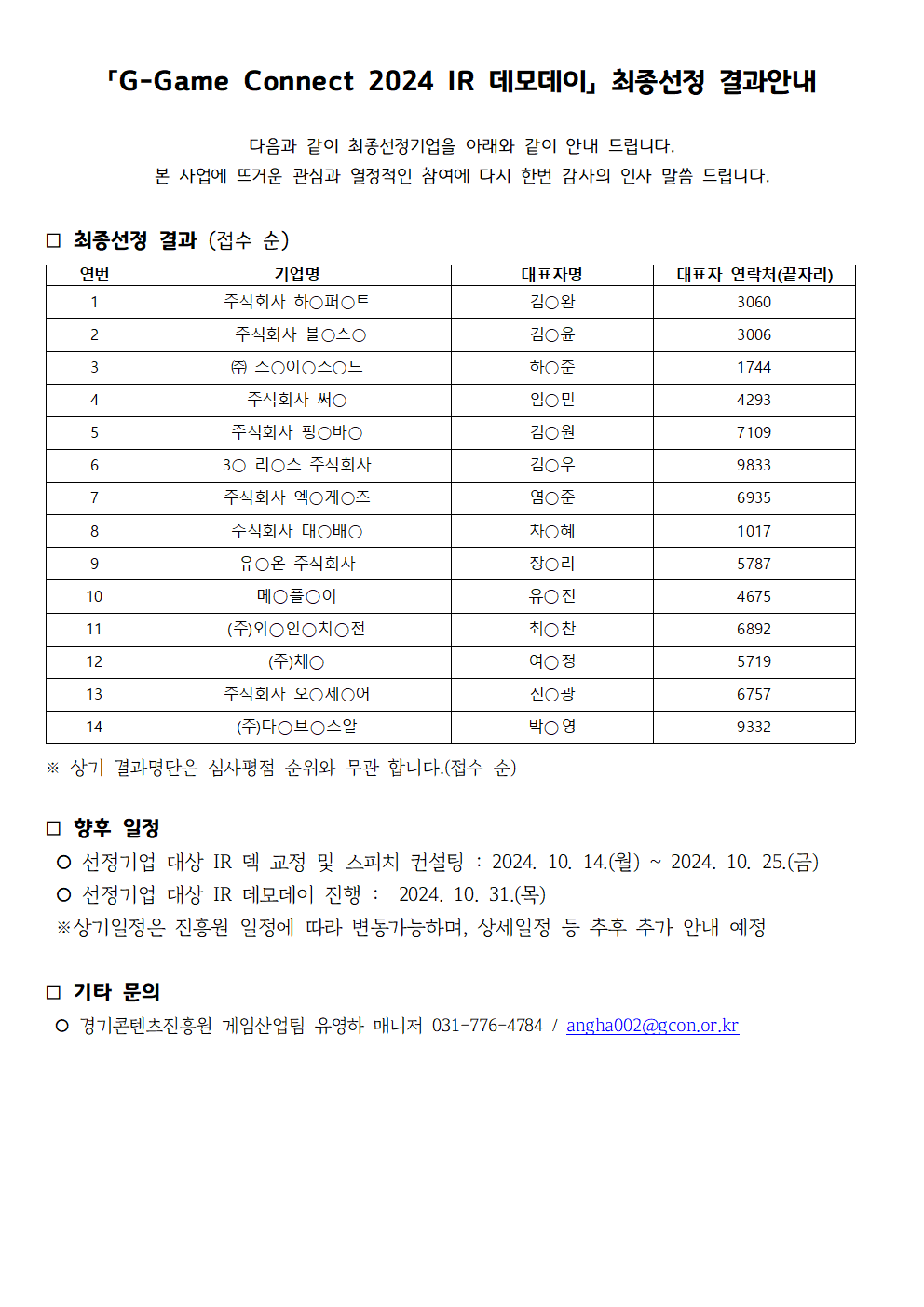 「G-Game Connect 2024 IR 데모데이」최종선정 결과안내