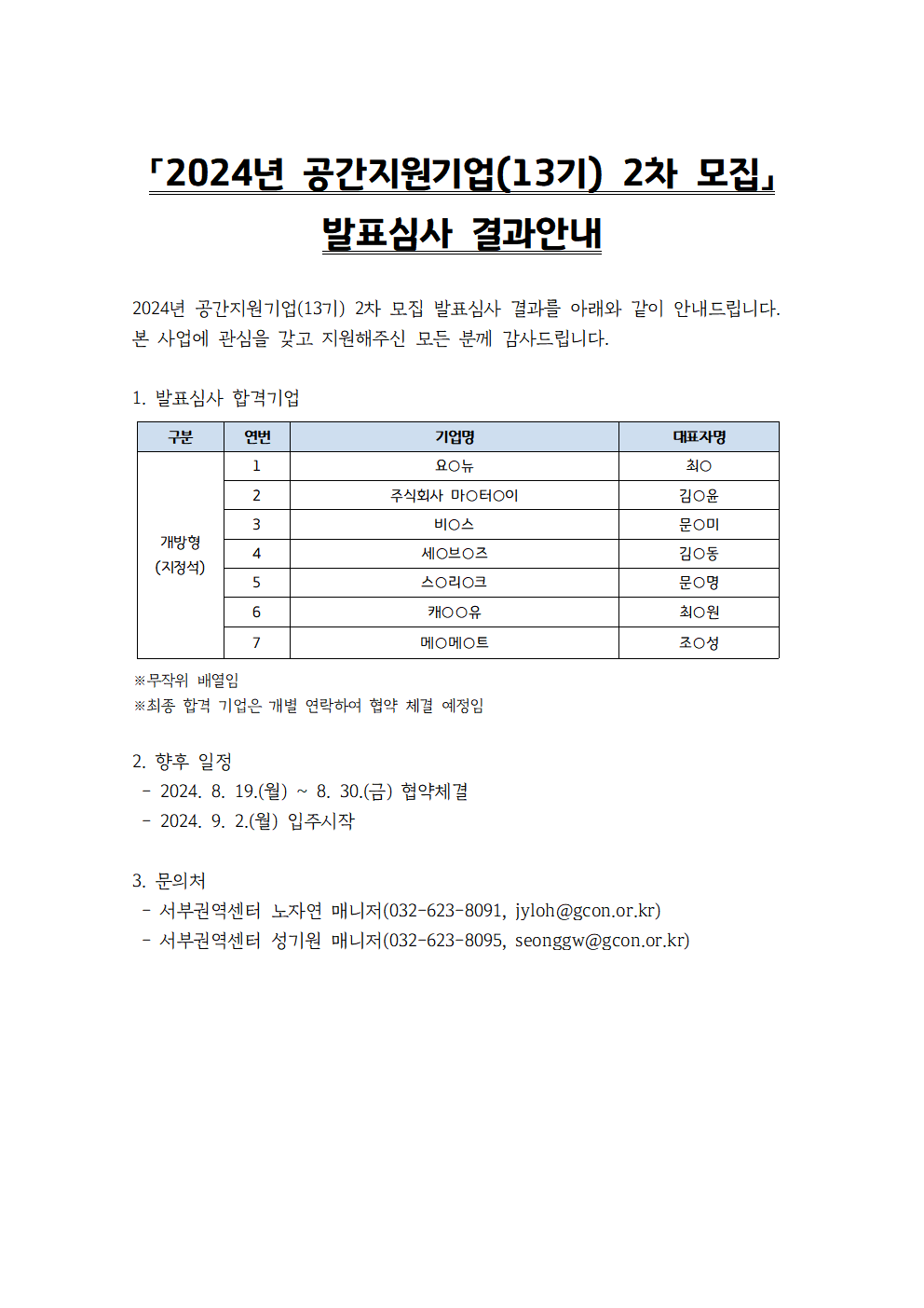 2024년 공간지원기업(13기) 2차 모집 발표심사 결과발표