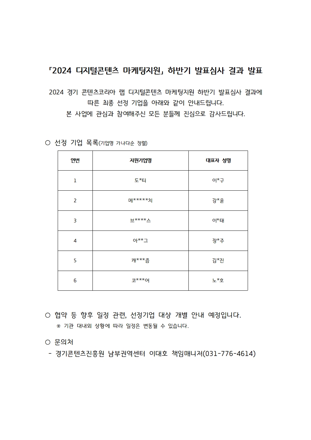 ‘2024년 경기 콘텐츠코리아 랩 디지털콘텐츠 마케팅 지원사업’ 하반기 발표심사 결과 공고