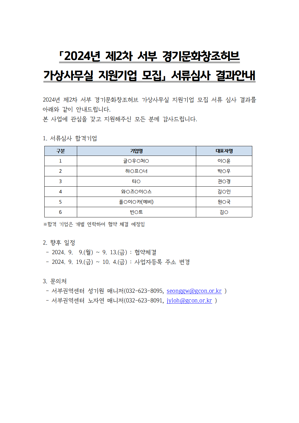 2024년 제2차 서부 경기문화창조허브 가상사무실 서류심사 결과발표